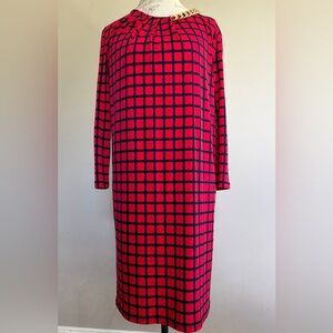 Michael Kors Red and Black Grid Long Sleeve Shift Dress